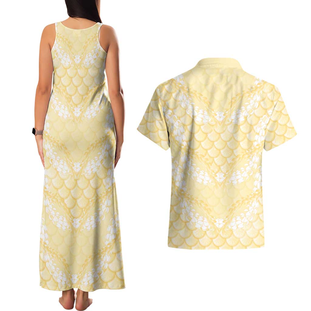 Pastel Yellow Mermaid Puakenikeni Maile Lei Couples Matching Tank Maxi Dress and Hawaiian Shirt