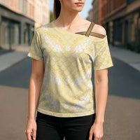 Pastel Yellow Mermaid Puakenikeni Maile Lei Cross Shoulder Shirt