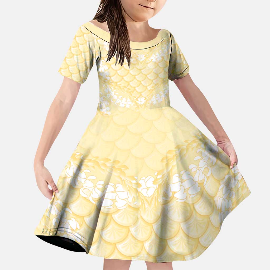 Pastel Yellow Mermaid Puakenikeni Maile Lei Family Matching Long Sleeve Bodycon Dress and Hawaiian Shirt LT01 Daughter's Dress Yellow - Polynesian Pride