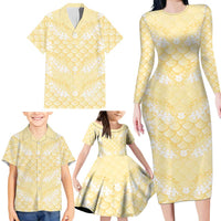 Pastel Yellow Mermaid Puakenikeni Maile Lei Family Matching Long Sleeve Bodycon Dress and Hawaiian Shirt LT01 - Polynesian Pride