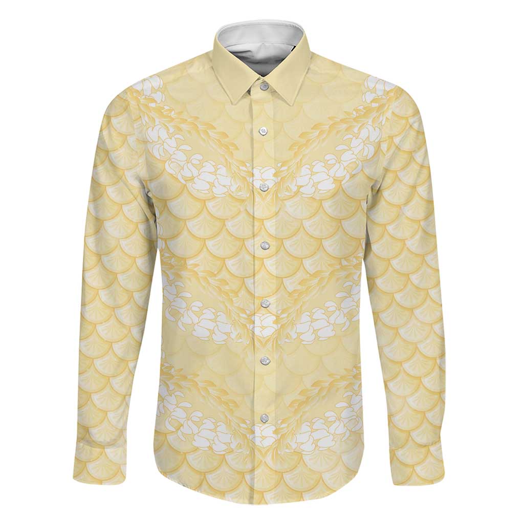 Pastel Yellow Mermaid Puakenikeni Maile Lei Family Matching Long Sleeve Bodycon Dress and Hawaiian Shirt LT01 Dad's Shirt - Long Sleeve Yellow - Polynesian Pride