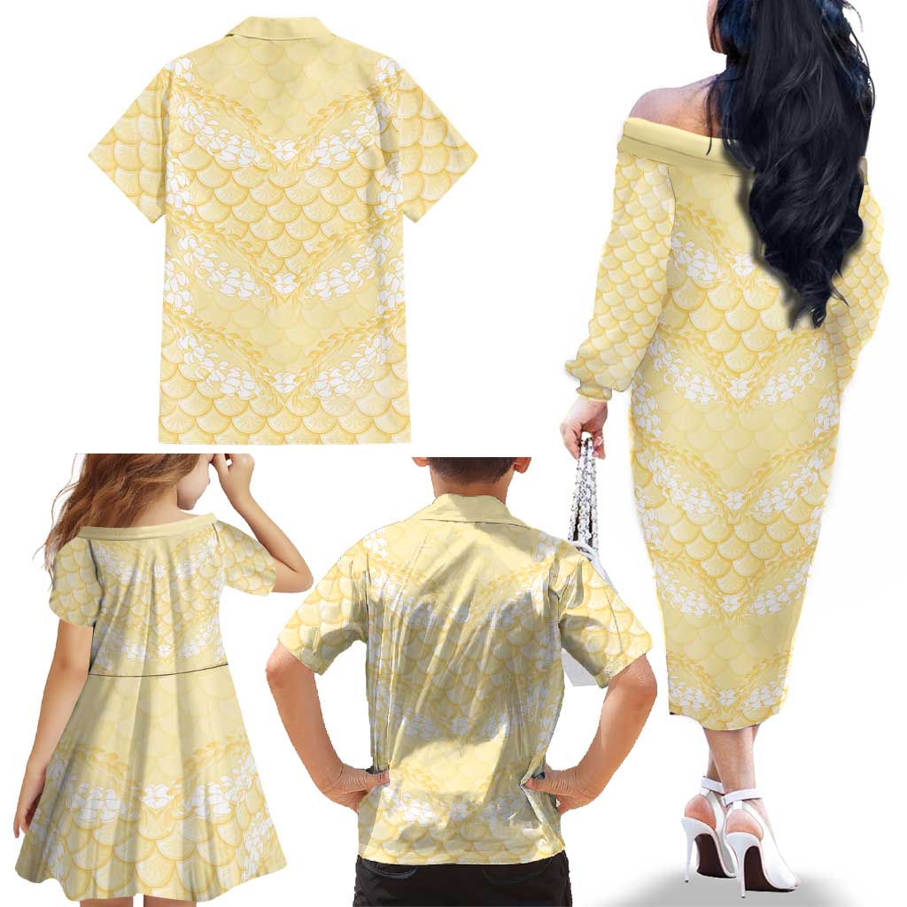 Pastel Yellow Mermaid Puakenikeni Maile Lei Family Matching Off The Shoulder Long Sleeve Dress and Hawaiian Shirt LT01 - Polynesian Pride