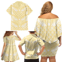 Pastel Yellow Mermaid Puakenikeni Maile Lei Family Matching Off Shoulder Short Dress and Hawaiian Shirt LT01 - Polynesian Pride