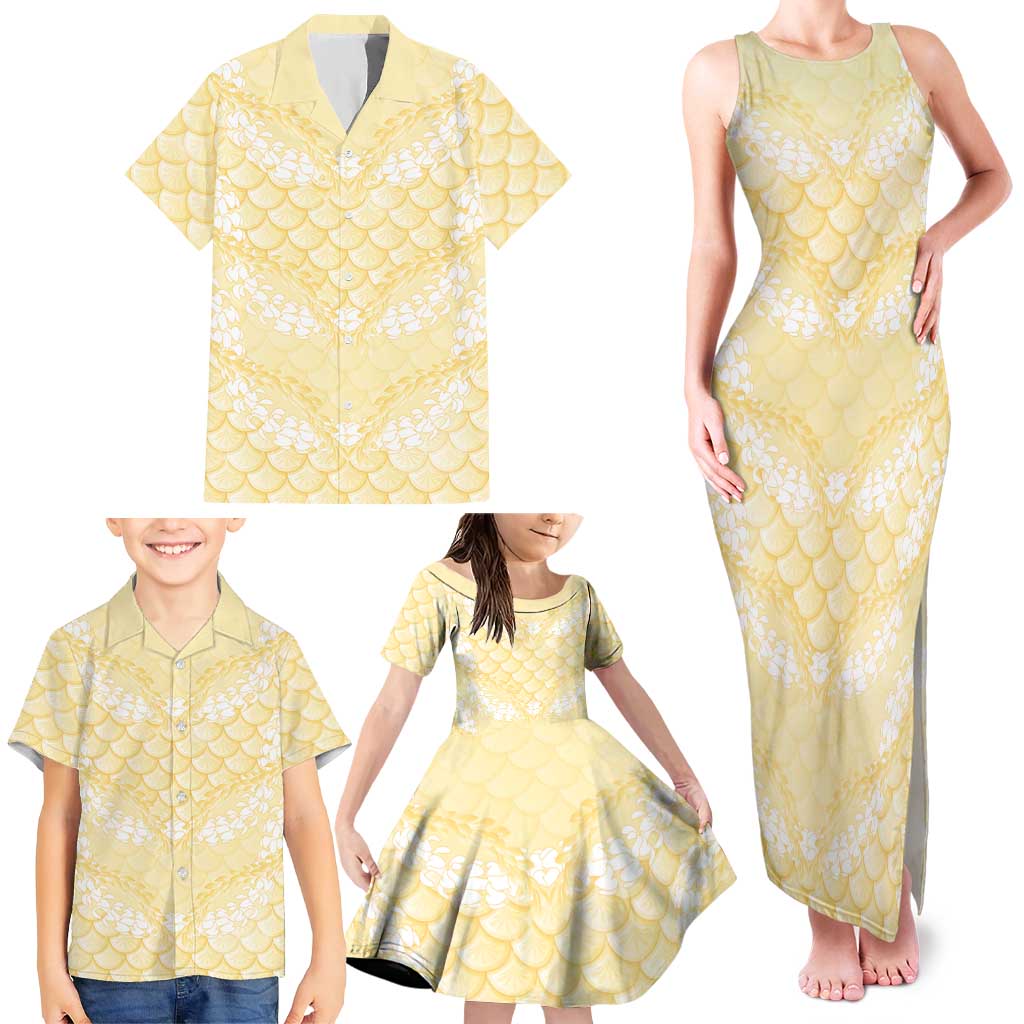 Pastel Yellow Mermaid Puakenikeni Maile Lei Family Matching Tank Maxi Dress and Hawaiian Shirt LT01 - Polynesian Pride