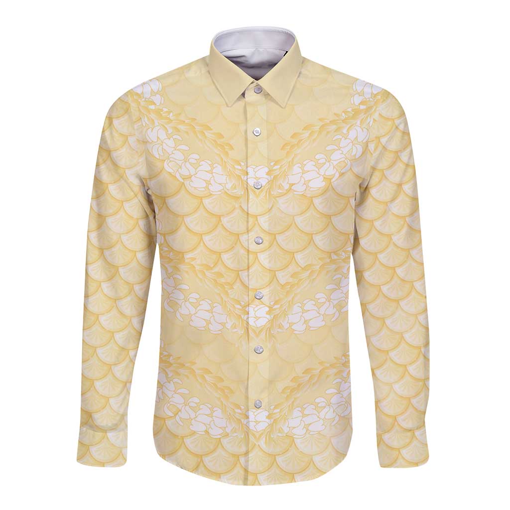 Pastel Yellow Mermaid Puakenikeni Maile Lei Long Sleeve Button Shirt