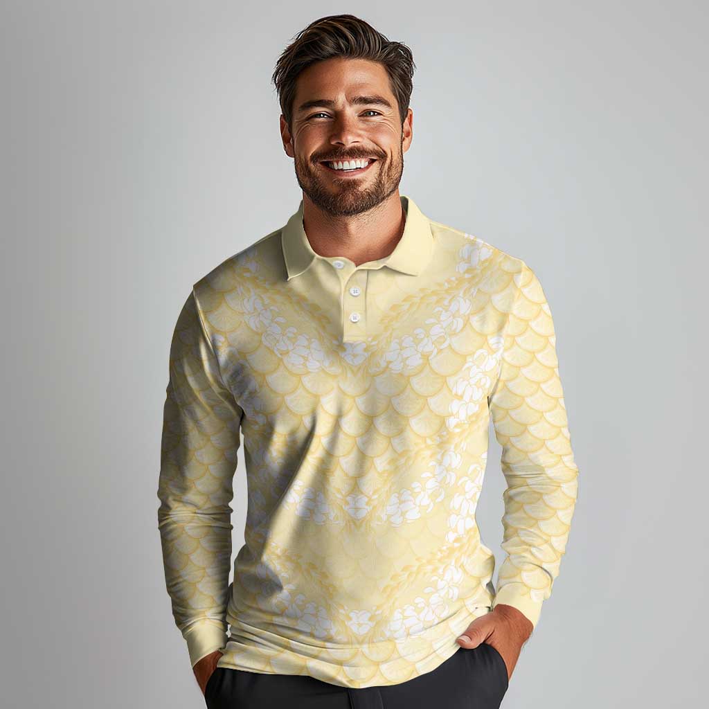 Pastel Yellow Mermaid Puakenikeni Maile Lei Long Sleeve Polo Shirt LT01 - Polynesian Pride