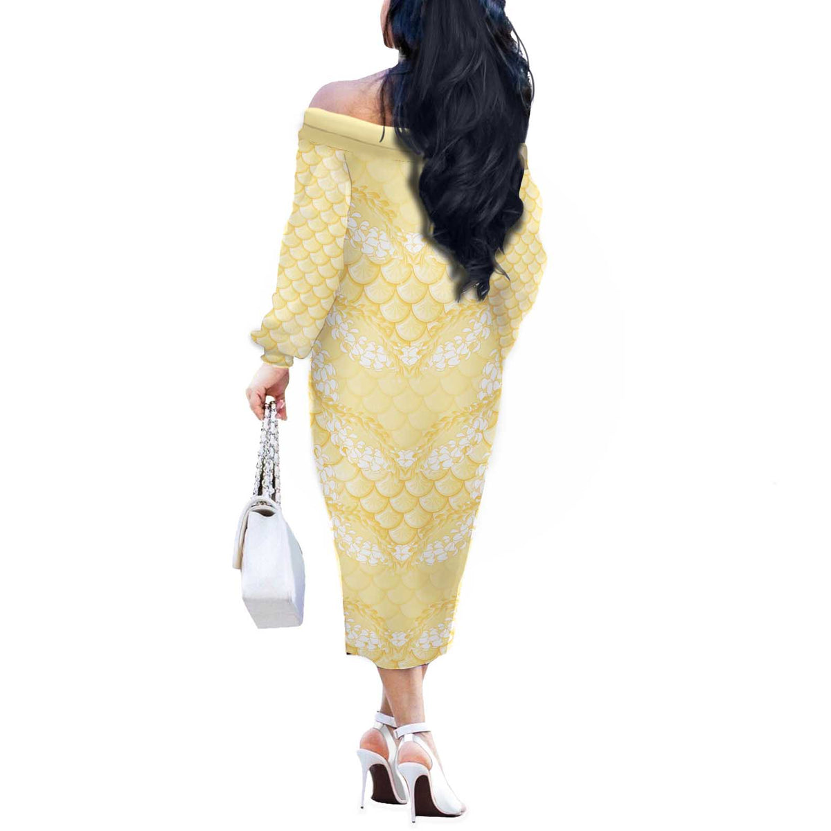 Pastel Yellow Mermaid Puakenikeni Maile Lei Off The Shoulder Long Sleeve Dress