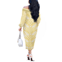Pastel Yellow Mermaid Puakenikeni Maile Lei Off The Shoulder Long Sleeve Dress