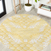 Pastel Yellow Mermaid Puakenikeni Maile Lei Round Carpet