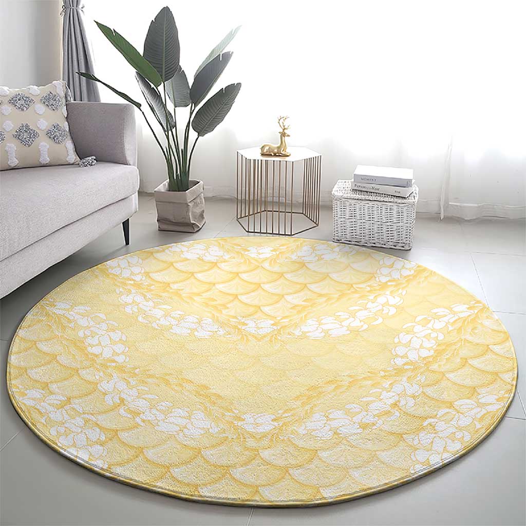 Pastel Yellow Mermaid Puakenikeni Maile Lei Round Carpet