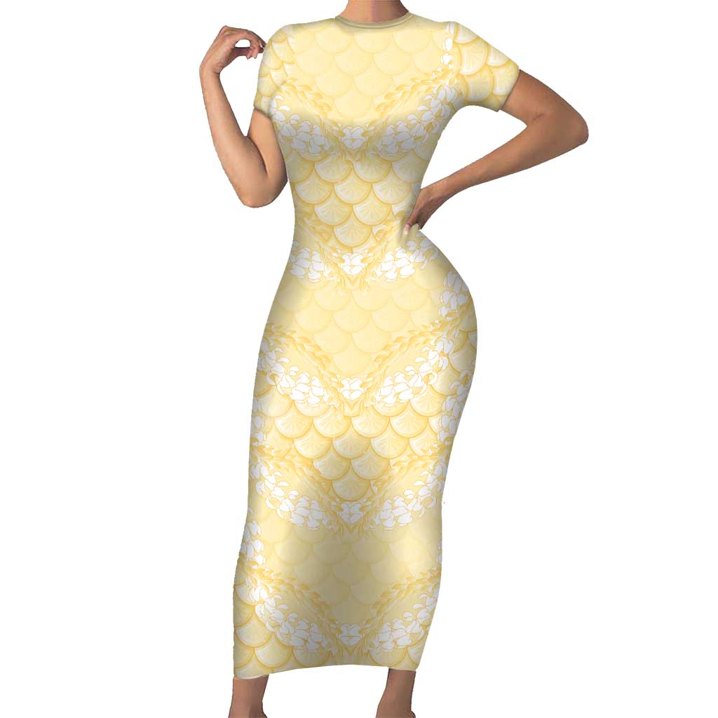 Pastel Yellow Mermaid Puakenikeni Maile Lei Short Sleeve Bodycon Dress LT01 Long Dress Yellow - Polynesian Pride