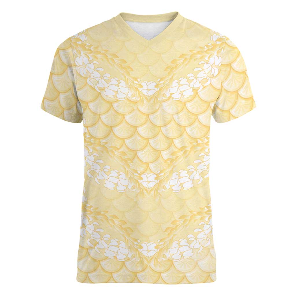 Pastel Yellow Mermaid Puakenikeni Maile Lei Women V-Neck T-Shirt