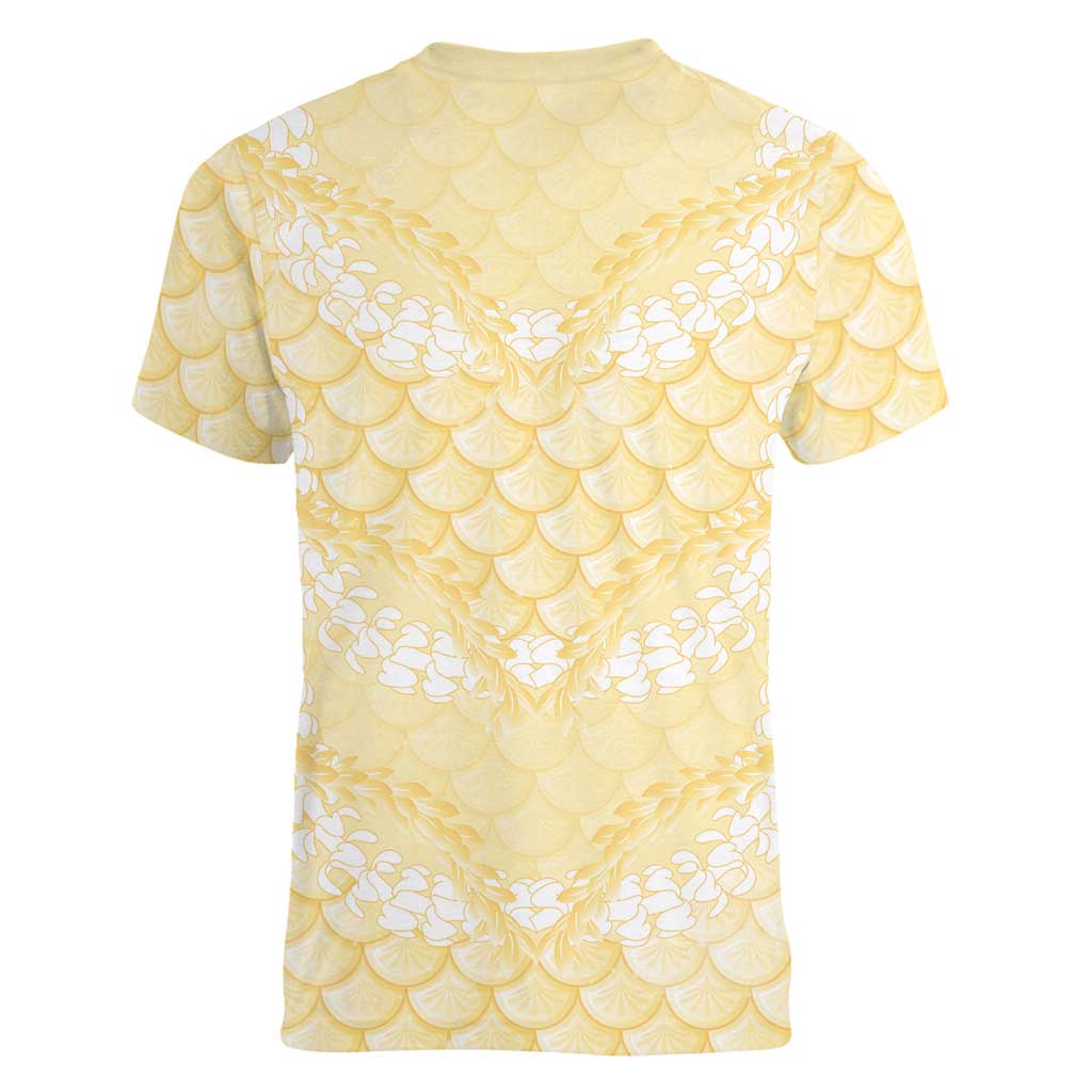 Pastel Yellow Mermaid Puakenikeni Maile Lei Women V-Neck T-Shirt