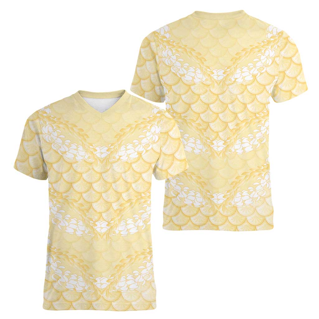 Pastel Yellow Mermaid Puakenikeni Maile Lei Women V-Neck T-Shirt