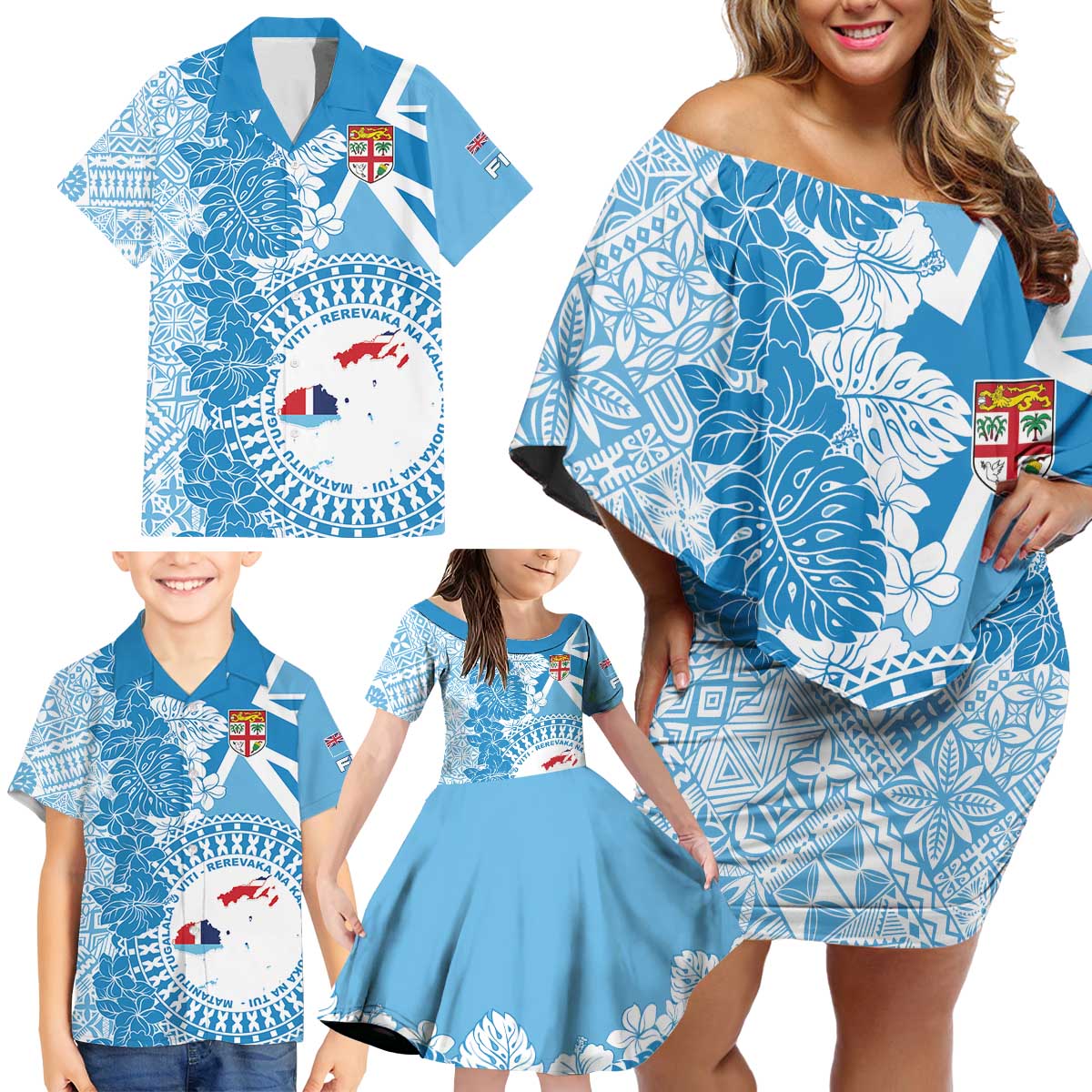 Personalised Fiji Day Family Matching Off Shoulder Short Dress and Hawaiian Shirt Fijian Map Hibiscus Tapa Pattern LT01