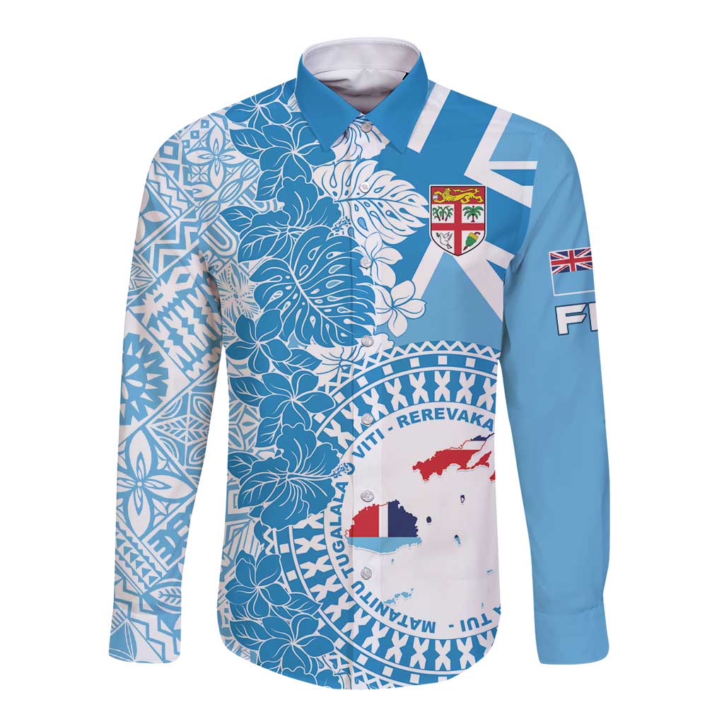Personalised Fiji Day Long Sleeve Button Shirt Fijian Map Hibiscus Tapa Pattern LT01 Unisex Blue - Polynesian Pride