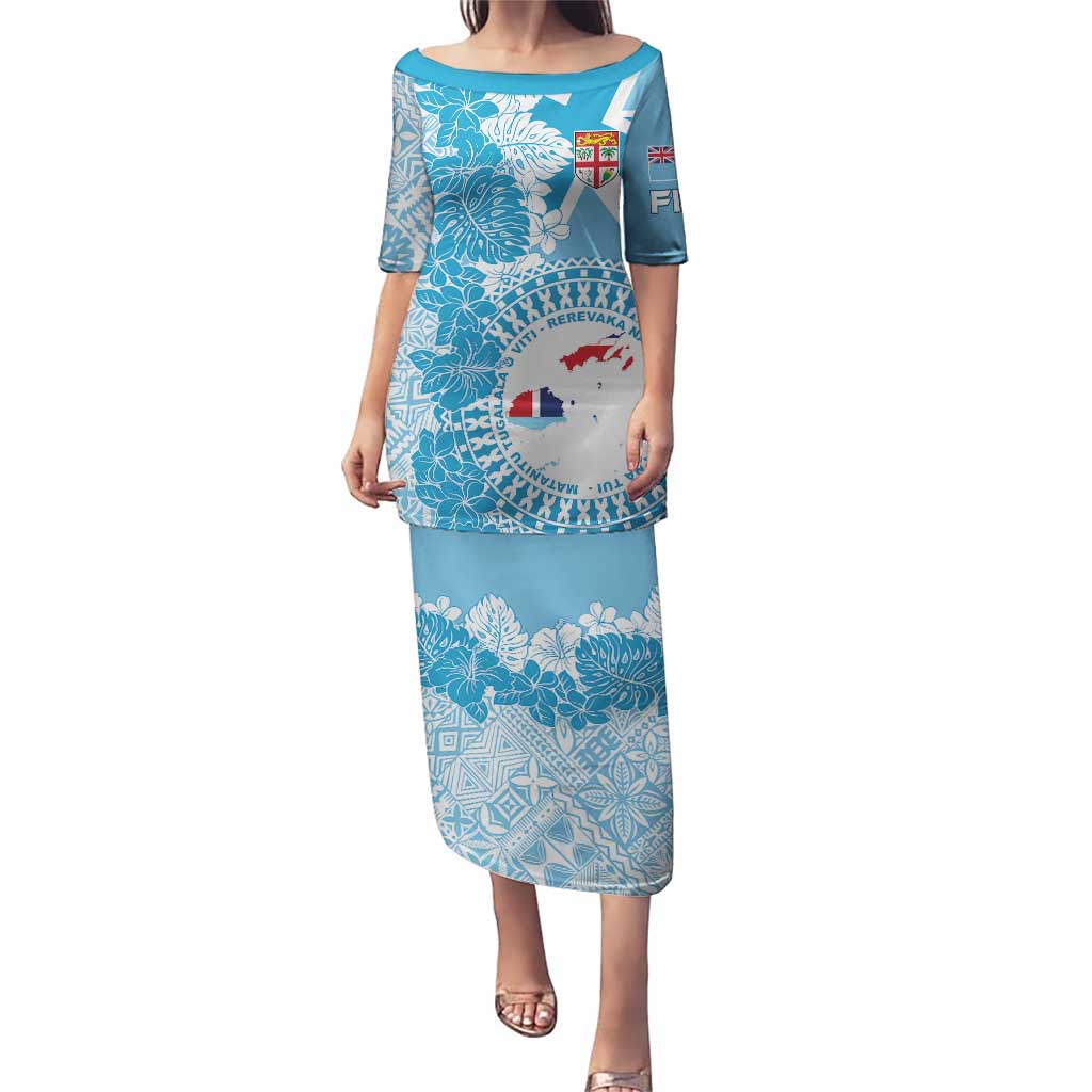 Personalised Fiji Day Puletasi Fijian Map Hibiscus Tapa Pattern LT01 Long Dress Blue - Polynesian Pride