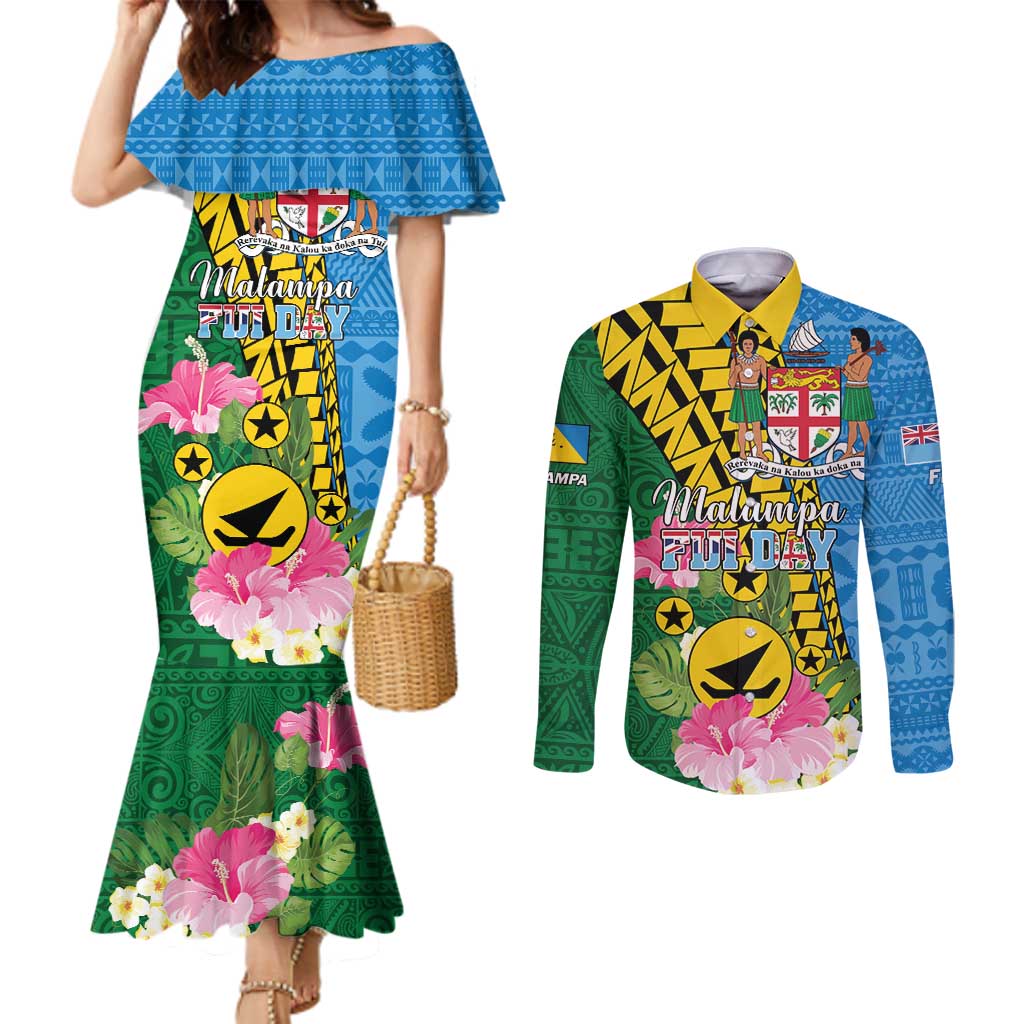 Personalised Malampa Fiji Day Couples Matching Mermaid Dress and Long Sleeve Button Shirt Tropical Tapa Pattern