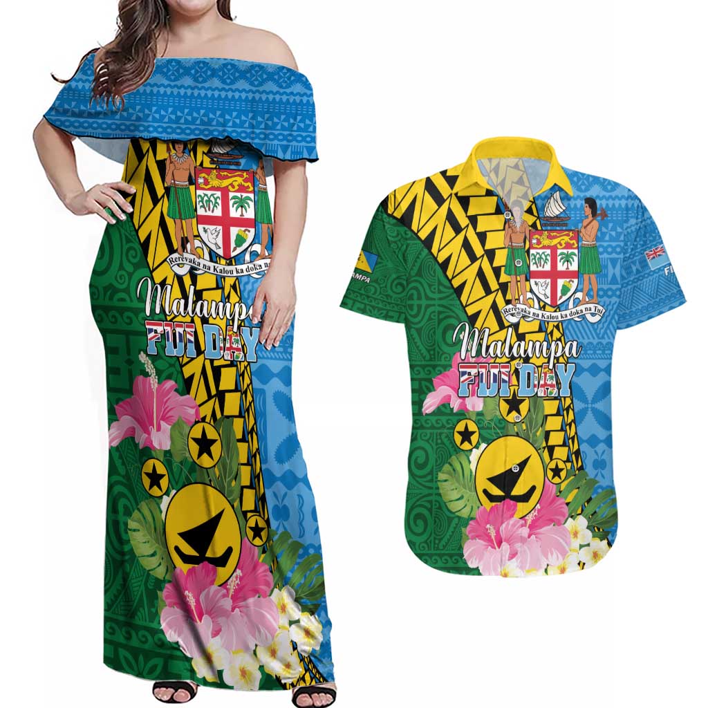 Personalised Malampa Fiji Day Couples Matching Off Shoulder Maxi Dress and Hawaiian Shirt Tropical Tapa Pattern