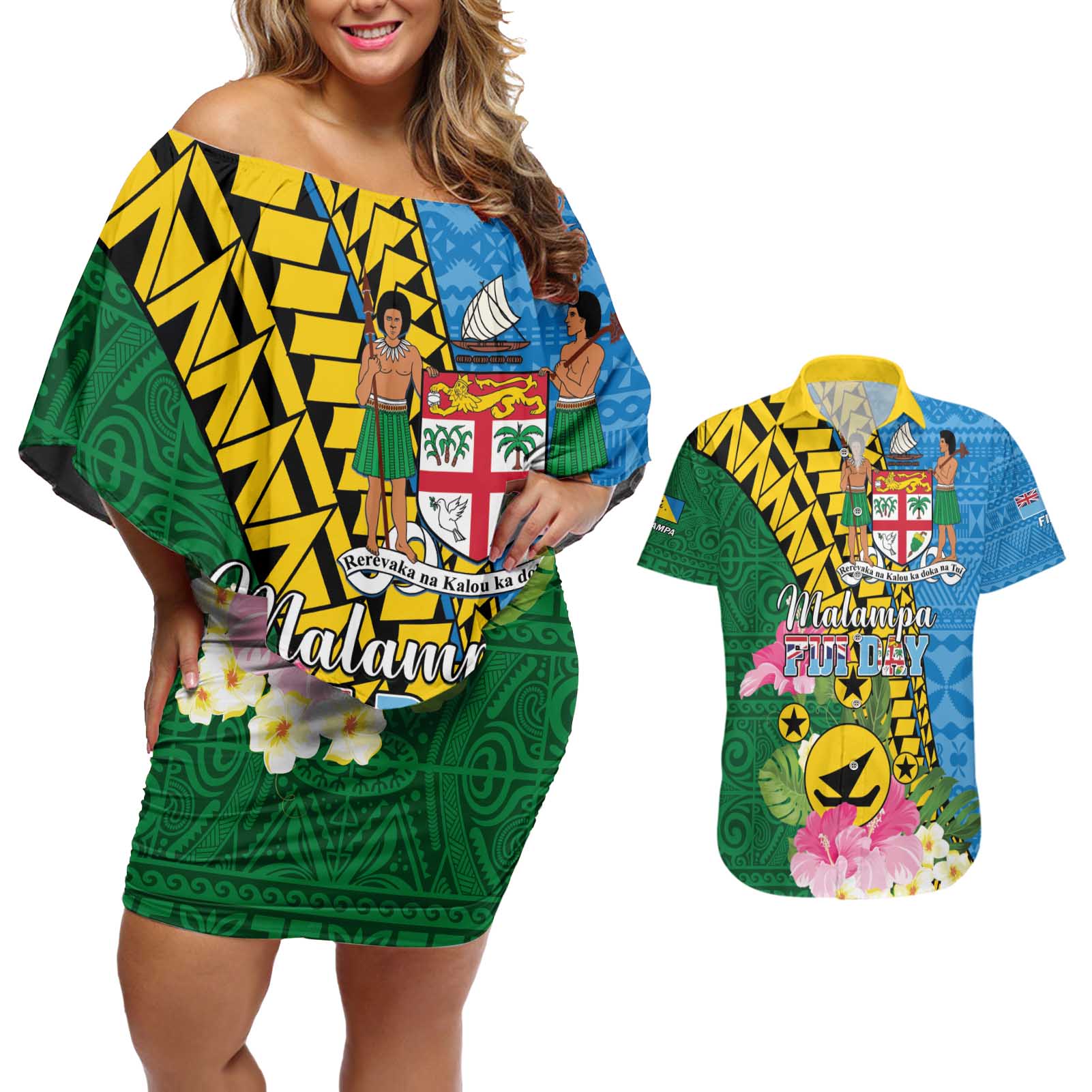 Personalised Malampa Fiji Day Couples Matching Off Shoulder Short Dress and Hawaiian Shirt Tropical Tapa Pattern