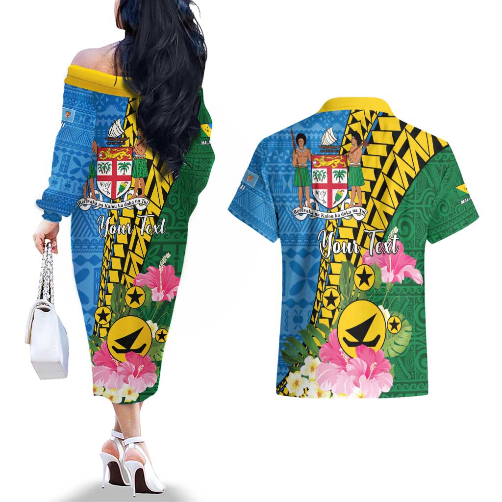 Personalised Malampa Fiji Day Couples Matching Off The Shoulder Long Sleeve Dress and Hawaiian Shirt Tropical Tapa Pattern