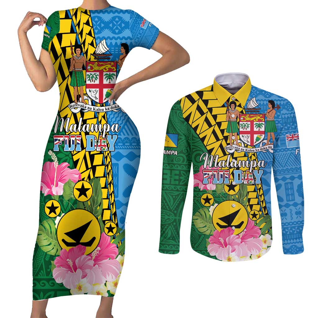 Personalised Malampa Fiji Day Couples Matching Short Sleeve Bodycon Dress and Long Sleeve Button Shirt Tropical Tapa Pattern
