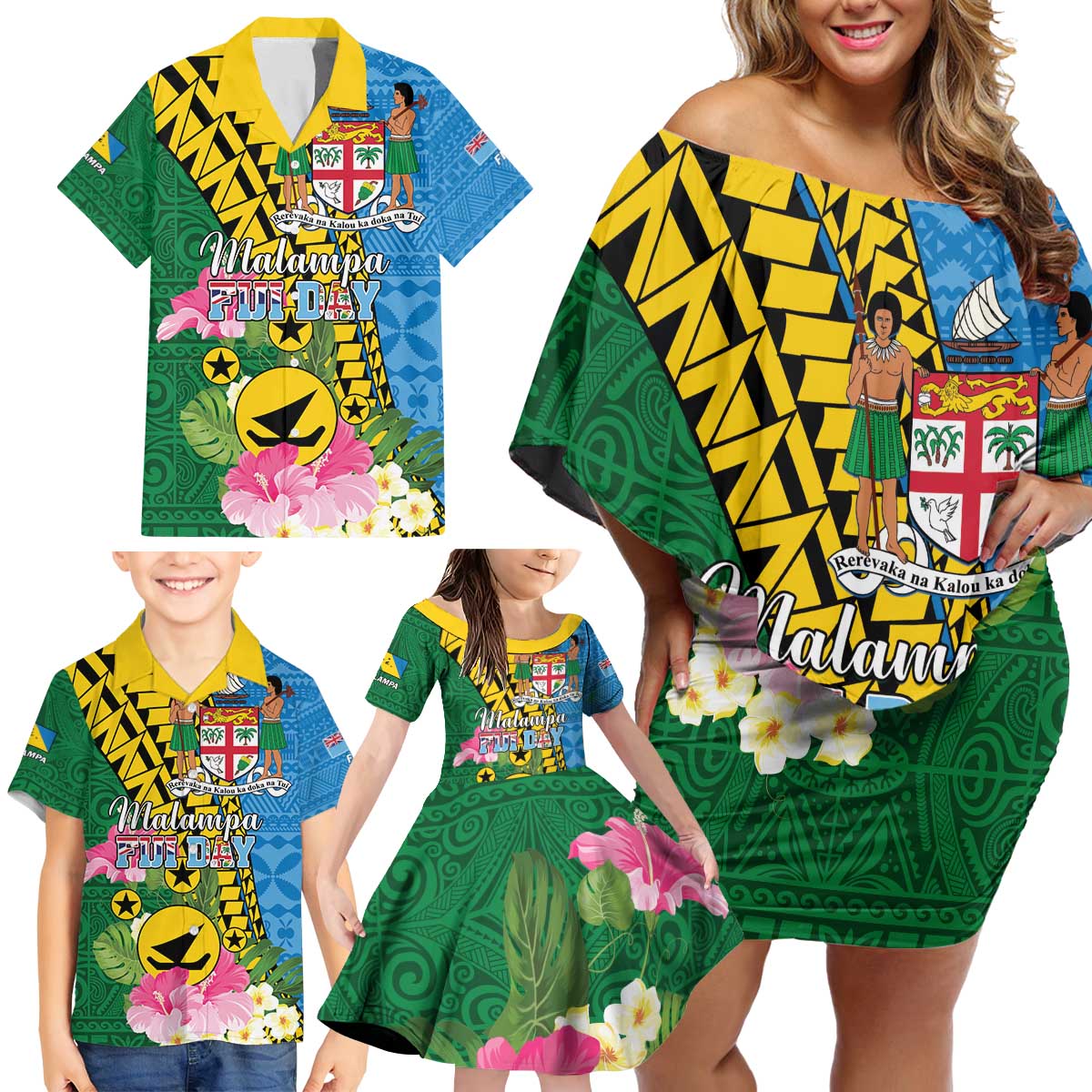 Personalised Malampa Fiji Day Family Matching Off Shoulder Short Dress and Hawaiian Shirt Tropical Tapa Pattern