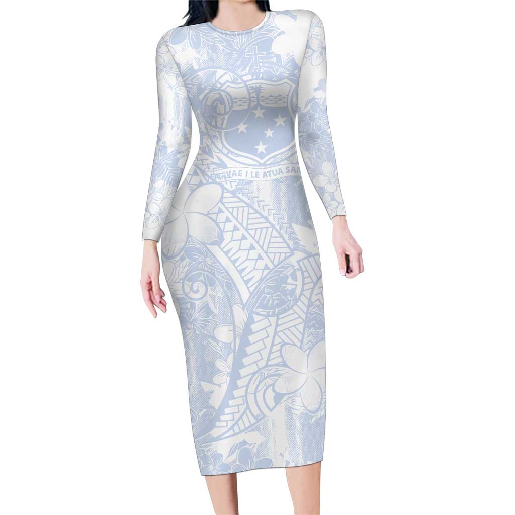 Samoa White Sunday Family Matching Long Sleeve Bodycon Dress and Hawaiian Shirt Plumeria Floral