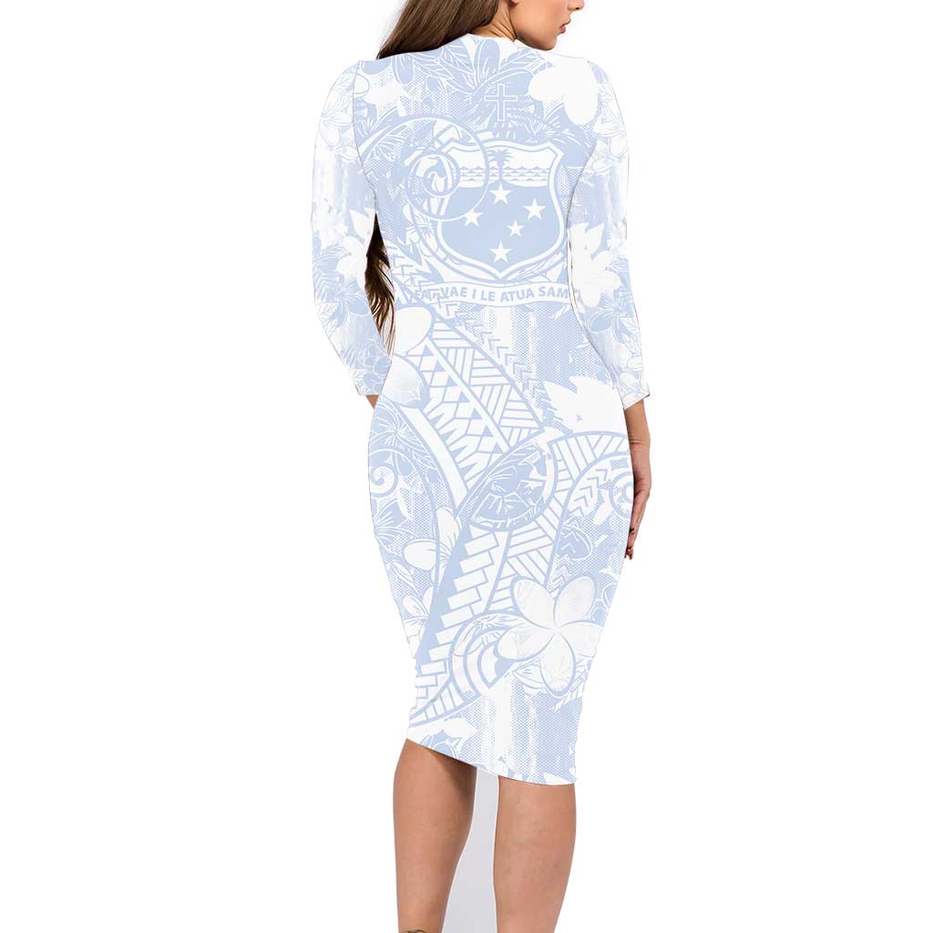 Samoa White Sunday Family Matching Long Sleeve Bodycon Dress and Hawaiian Shirt Plumeria Floral