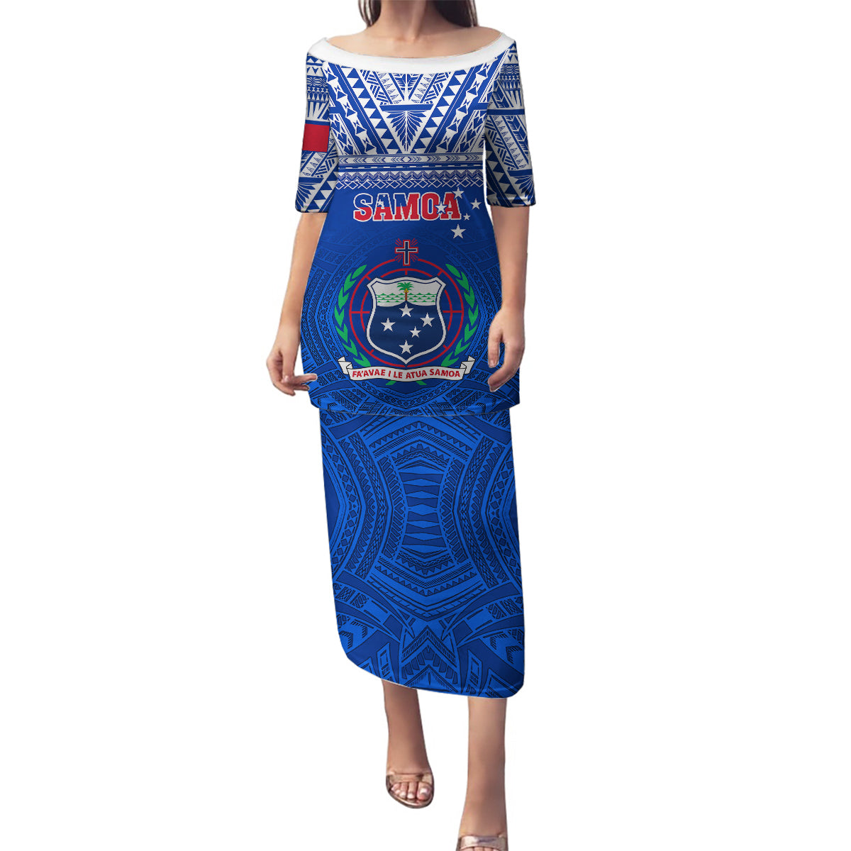 Samoa Rugby Family Matching Puletasi Dress and Hawaiian Shirt Manu Samoa Polynesian Tatoo Pattern LT01 Mom's Dress Blue - Polynesian Pride