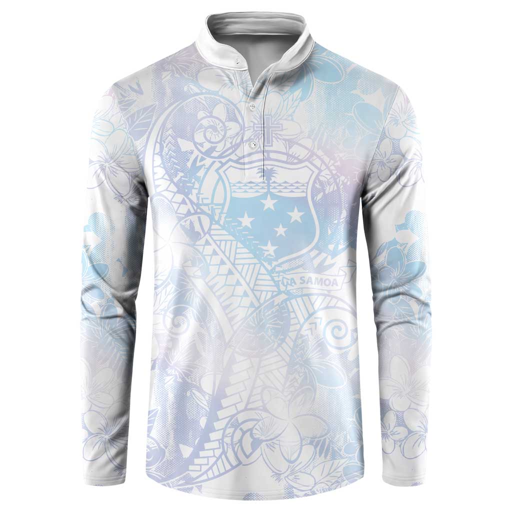 Samoa White Sunday Button Sweatshirt Sweet Pastel Plumeria Floral