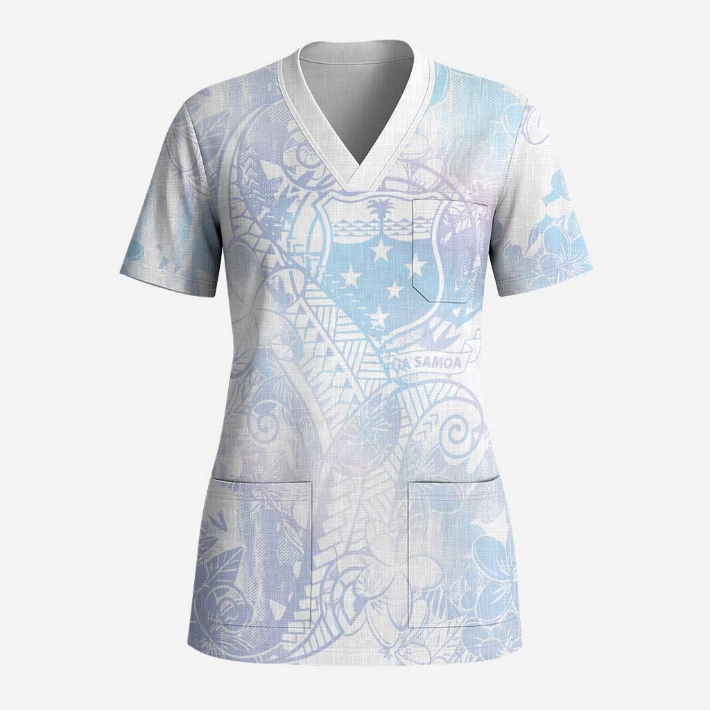 Samoa White Sunday Scrub Top Sweet Pastel Plumeria Floral - Polynesian Pride