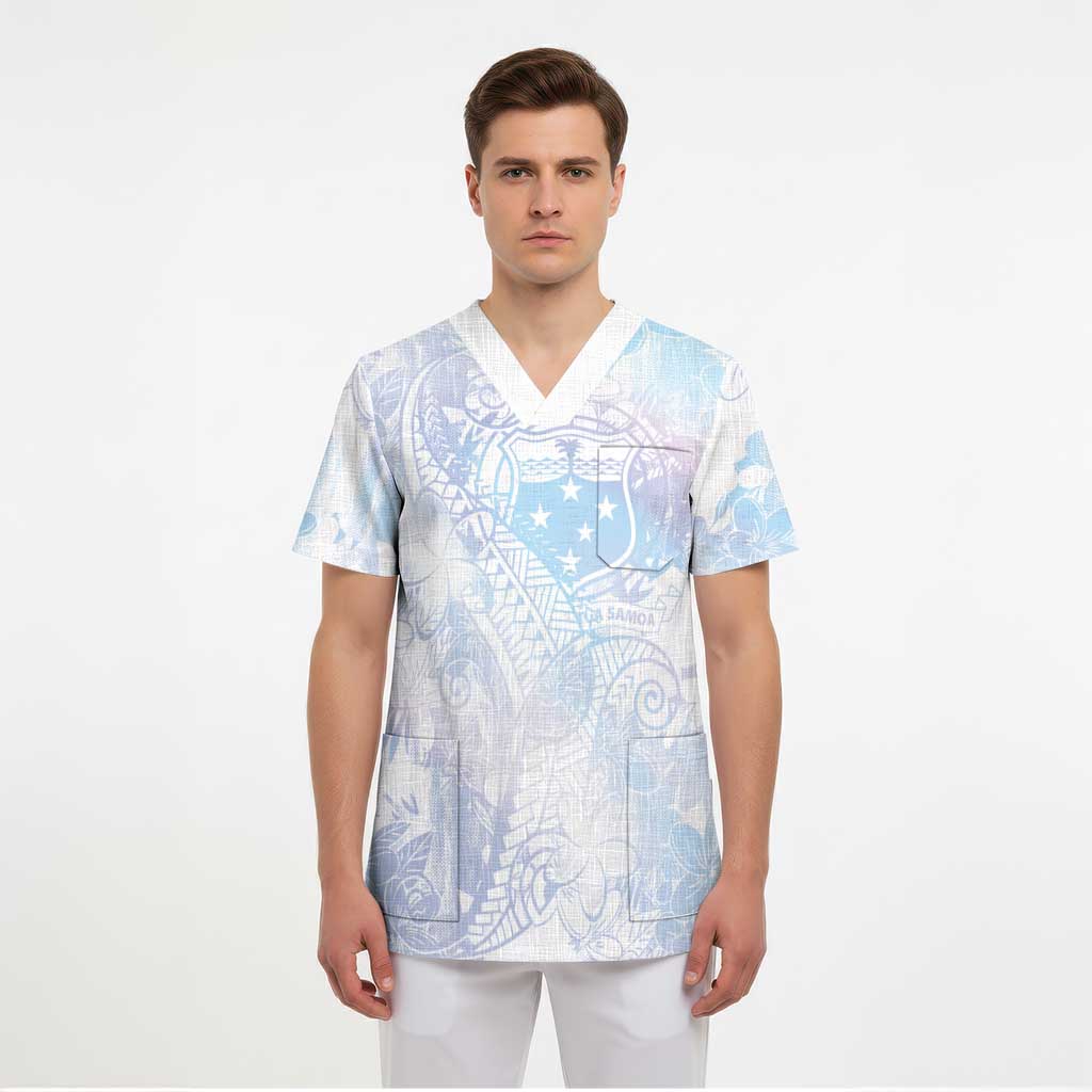 Samoa White Sunday Scrub Top Sweet Pastel Plumeria Floral - Polynesian Pride