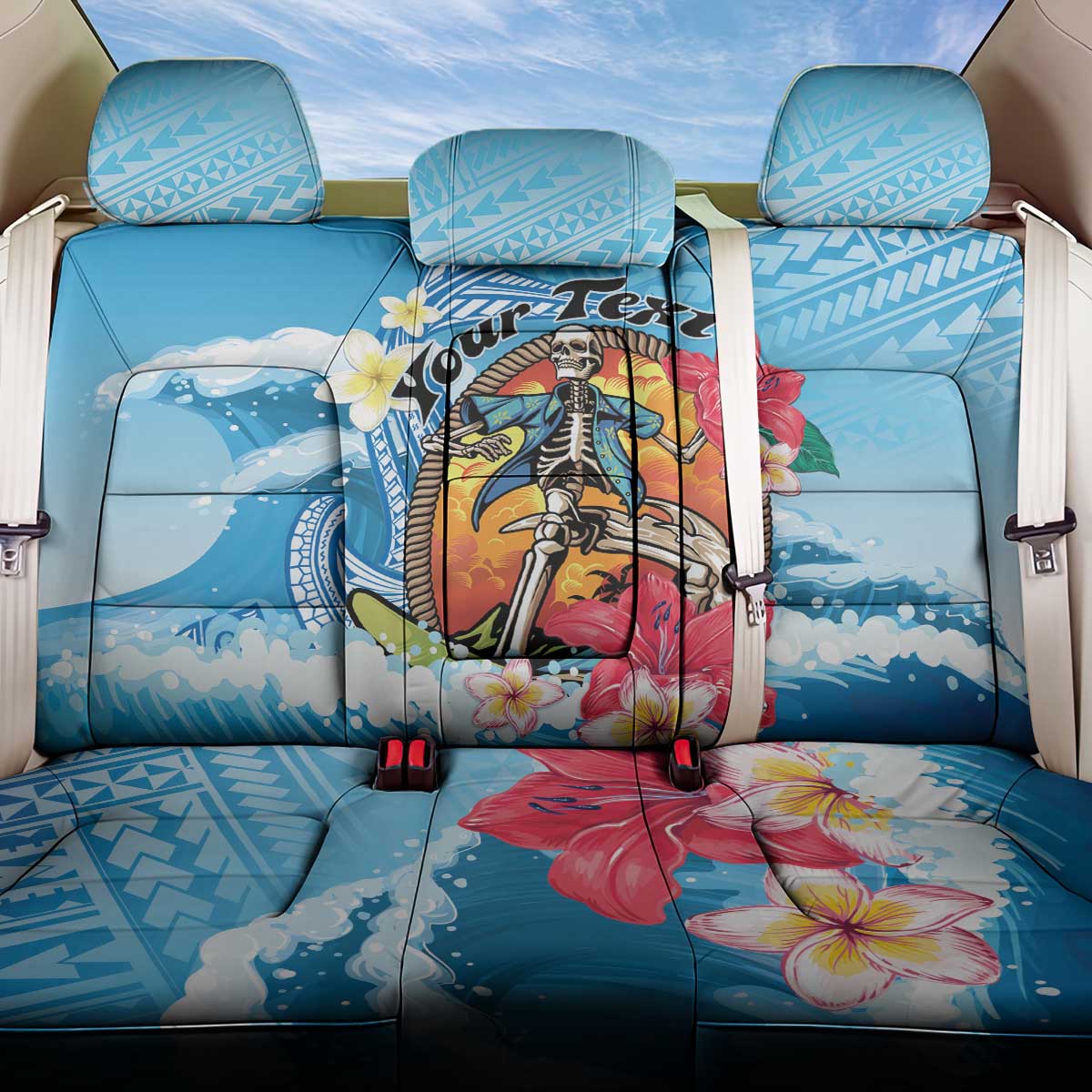 Personalized Aloha Hawaii Skeleton Surfing Back Car Seat Cover Tribal Shark Plumeria