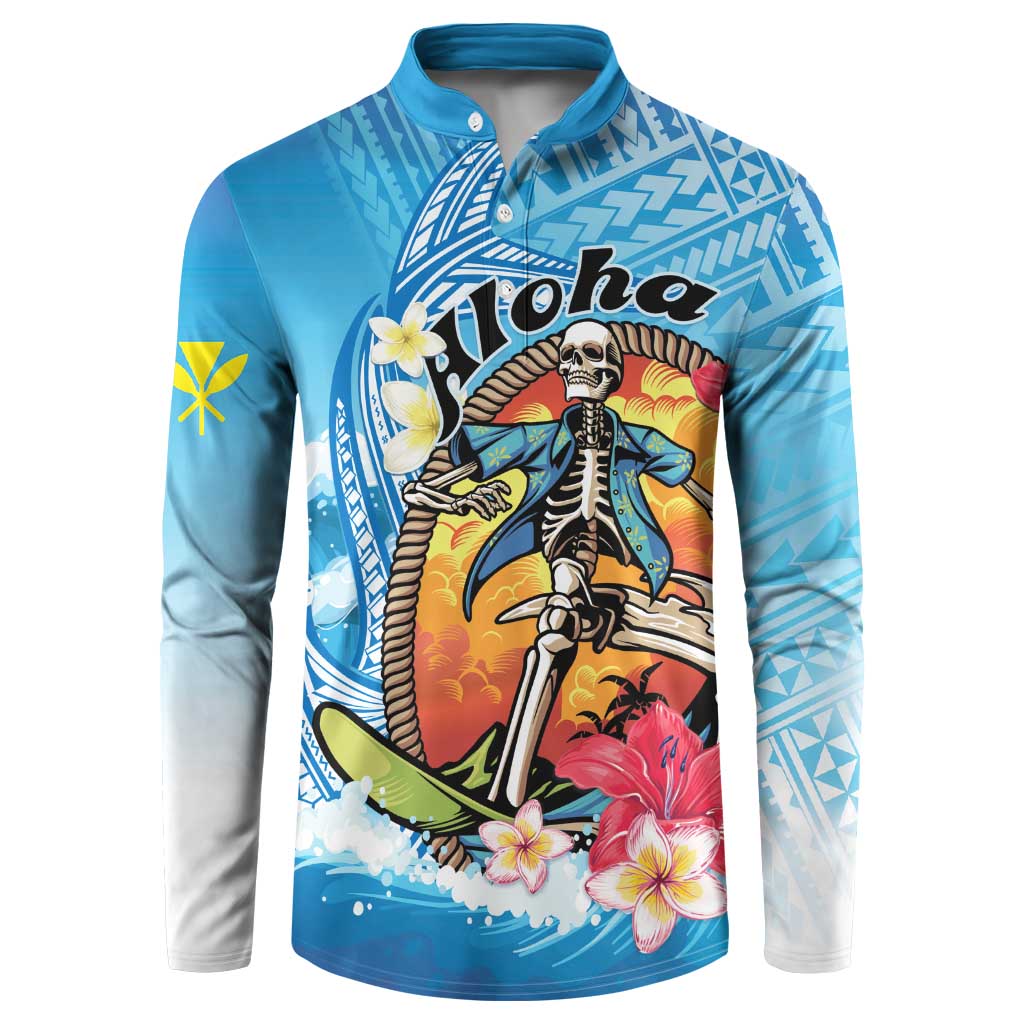 Personalized Aloha Hawaii Skeleton Surfing Button Sweatshirt Tribal Shark Plumeria