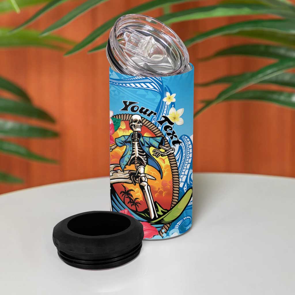 Personalized Aloha Hawaii Skeleton Surfing 4 in 1 Can Cooler Tumbler Tribal Shark Plumeria