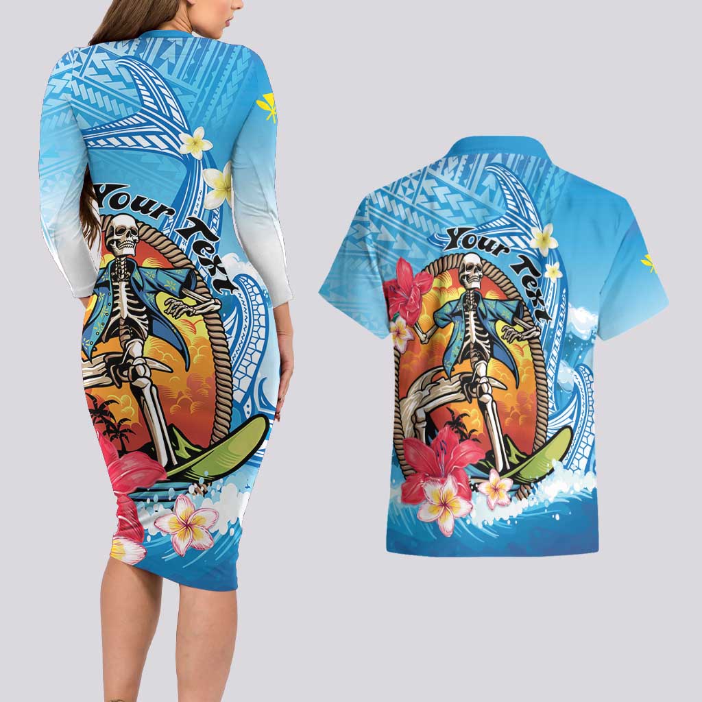 Personalized Aloha Hawaii Skeleton Surfing Couples Matching Long Sleeve Bodycon Dress and Hawaiian Shirt Tribal Shark Plumeria