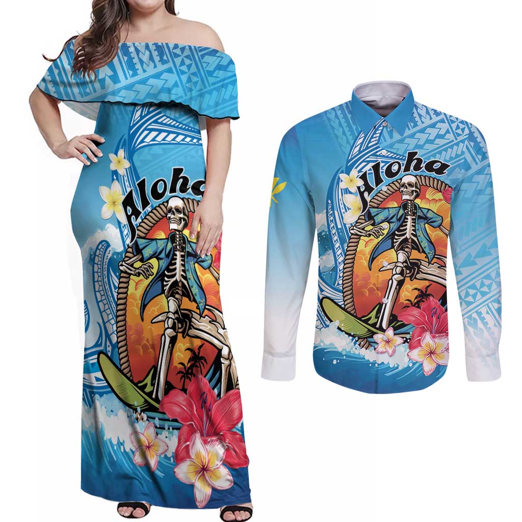 Personalized Aloha Hawaii Skeleton Surfing Couples Matching Off Shoulder Maxi Dress and Long Sleeve Button Shirt Tribal Shark Plumeria
