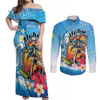 Personalized Aloha Hawaii Skeleton Surfing Couples Matching Off Shoulder Maxi Dress and Long Sleeve Button Shirt Tribal Shark Plumeria