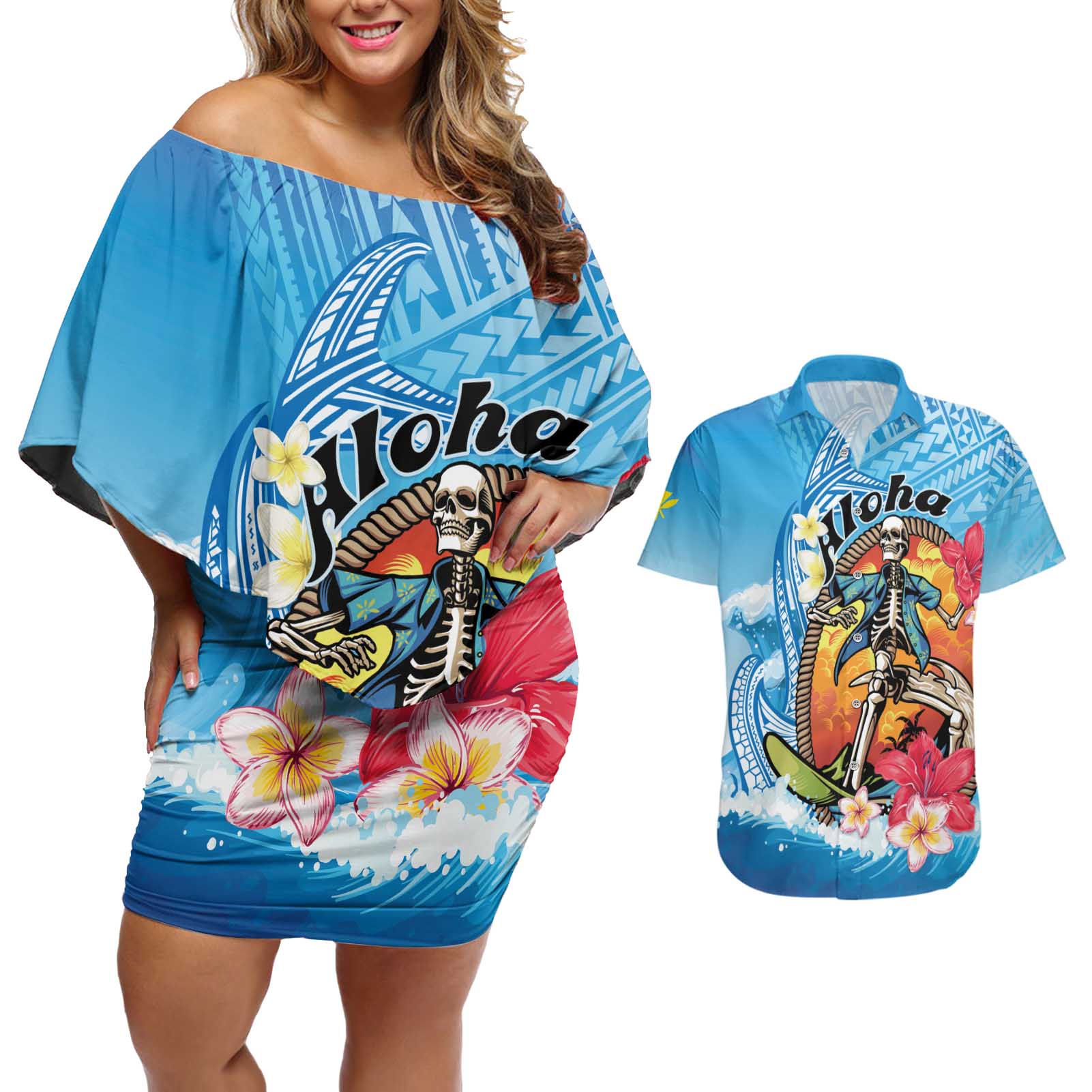 Personalized Aloha Hawaii Skeleton Surfing Couples Matching Off Shoulder Short Dress and Hawaiian Shirt Tribal Shark Plumeria