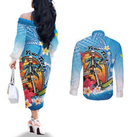 Personalized Aloha Hawaii Skeleton Surfing Couples Matching Off The Shoulder Long Sleeve Dress and Long Sleeve Button Shirt Tribal Shark Plumeria