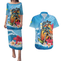 Personalized Aloha Hawaii Skeleton Surfing Couples Matching Puletasi and Hawaiian Shirt Tribal Shark Plumeria