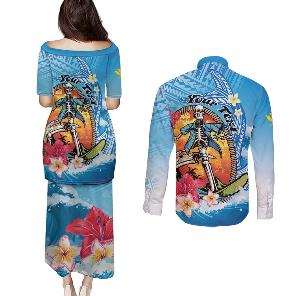 Personalized Aloha Hawaii Skeleton Surfing Couples Matching Puletasi and Long Sleeve Button Shirt Tribal Shark Plumeria