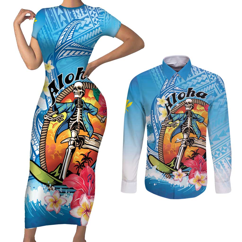 Personalized Aloha Hawaii Skeleton Surfing Couples Matching Short Sleeve Bodycon Dress and Long Sleeve Button Shirt Tribal Shark Plumeria