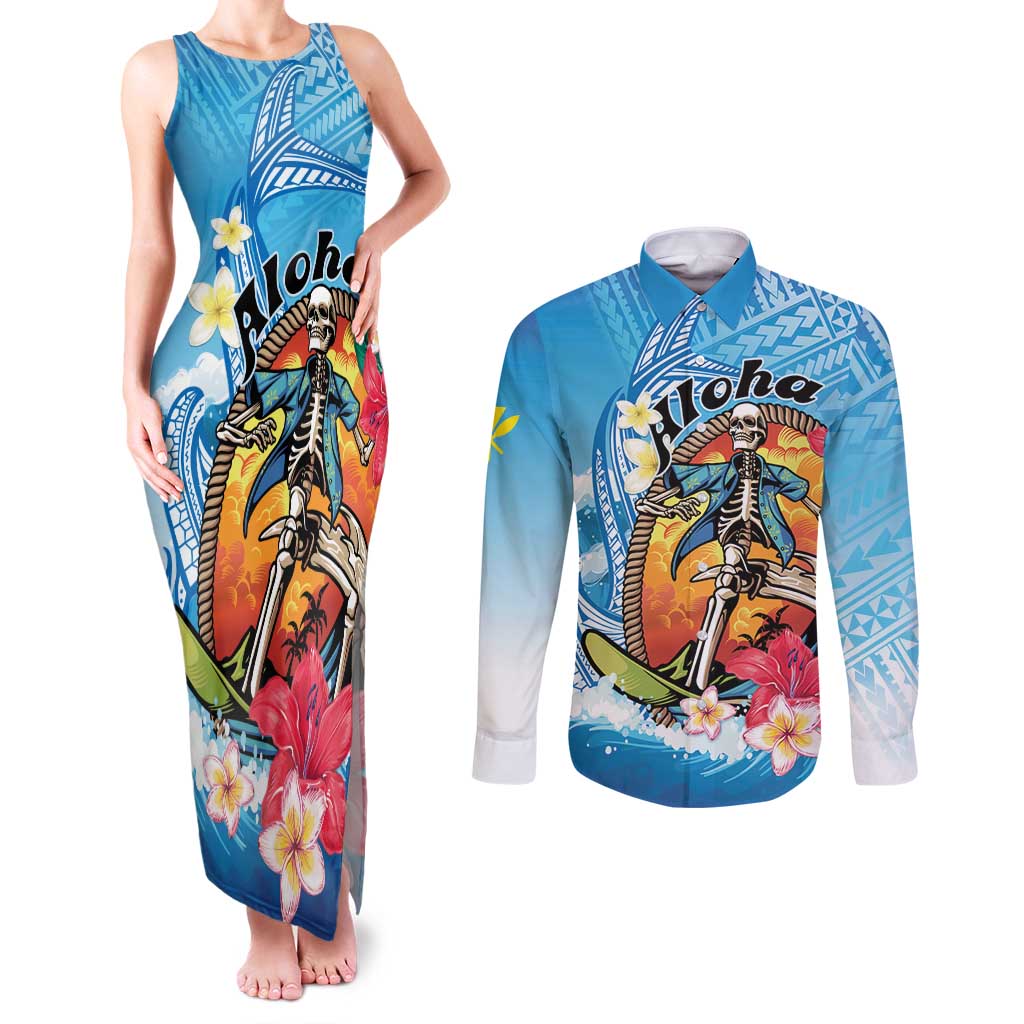 Personalized Aloha Hawaii Skeleton Surfing Couples Matching Tank Maxi Dress and Long Sleeve Button Shirt Tribal Shark Plumeria