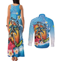 Personalized Aloha Hawaii Skeleton Surfing Couples Matching Tank Maxi Dress and Long Sleeve Button Shirt Tribal Shark Plumeria