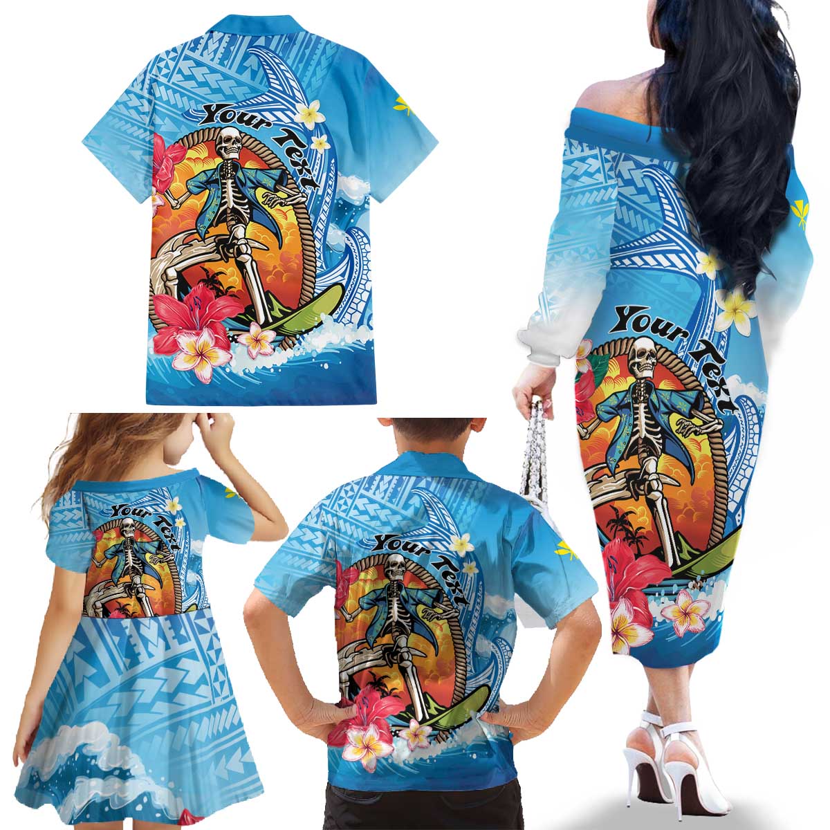 Personalized Aloha Hawaii Skeleton Surfing Family Matching Off The Shoulder Long Sleeve Dress and Hawaiian Shirt Tribal Shark Plumeria