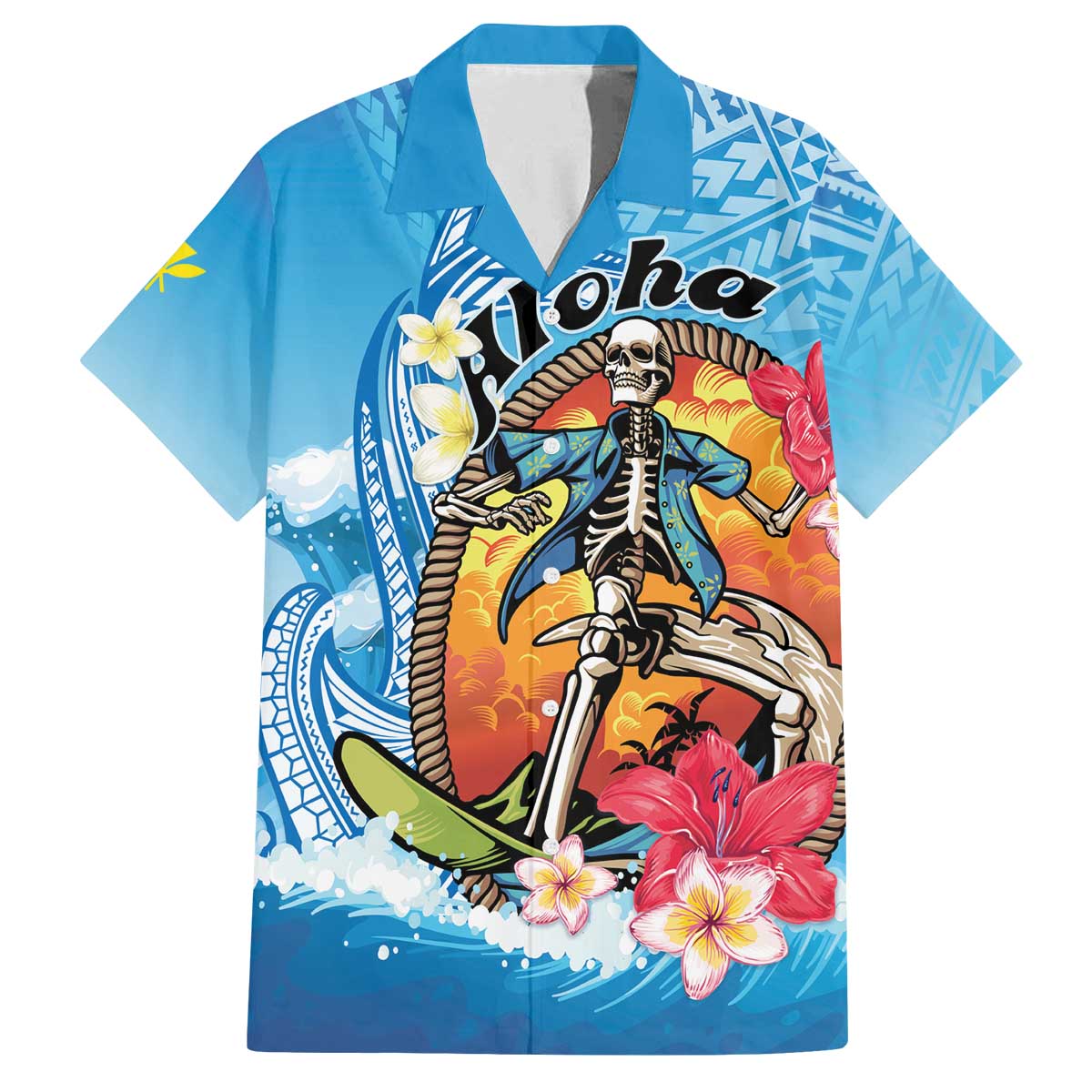 Personalized Aloha Hawaii Skeleton Surfing Family Matching Off The Shoulder Long Sleeve Dress and Hawaiian Shirt Tribal Shark Plumeria