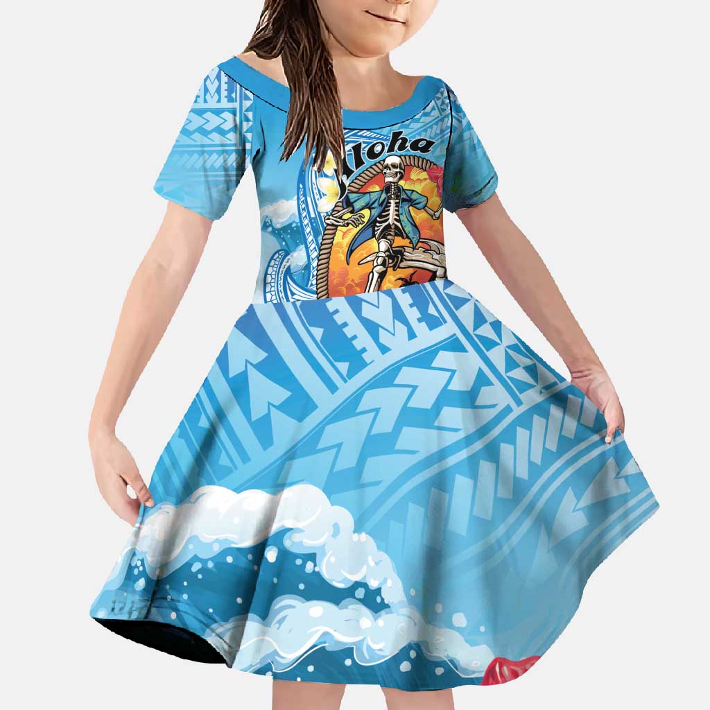 Personalized Aloha Hawaii Skeleton Surfing Family Matching Off Shoulder Maxi Dress and Hawaiian Shirt Tribal Shark Plumeria