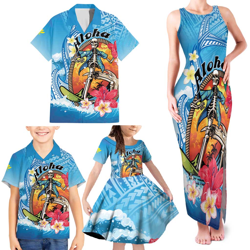 Personalized Aloha Hawaii Skeleton Surfing Family Matching Tank Maxi Dress and Hawaiian Shirt Tribal Shark Plumeria